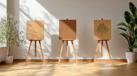 Cozy studio space featuring three empty easels bathed in natural light, perfect for fostering creativity and inspiration in a calm and tranquil environment.の素材