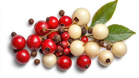 A beautiful arrangement of red and white berries with green leaves on a white background. Ideal for showcasing nature's bounty and freshness in food photography.の素材