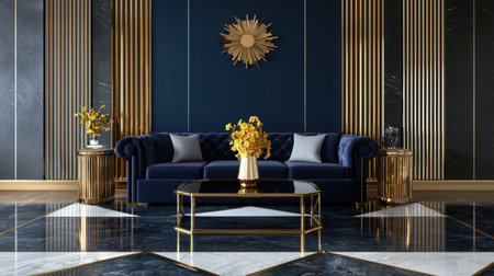 Discover a stunning modern living room showcasing a blue velvet sofa, gold accents, and geometric patterns, creating an elegant and sophisticated atmosphere.の素材