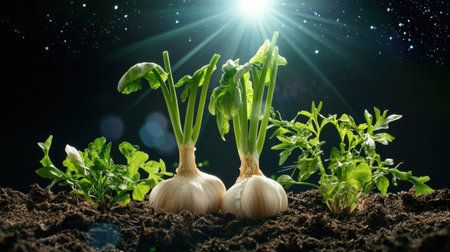 Lush green vegetables emerge from dark soil, illuminated by bright cosmic light, symbolizing growth and vitality in nature's vibrant ecosystem.の素材