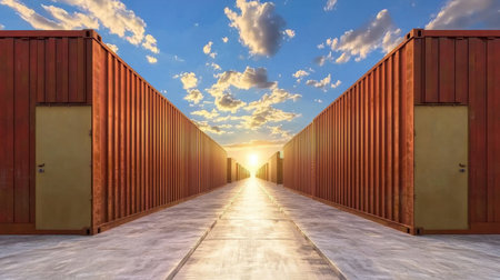 A stunning view of storage containers lining a pathway at sunset, casting reflections on a paved surface, creating a serene and dramatic atmosphere.の素材