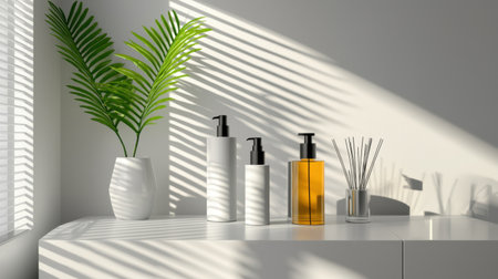 A beautifully arranged set of skincare products captures sunlight and serene elegance. Perfect for showcasing beauty, wellness, and modern home decor.の素材