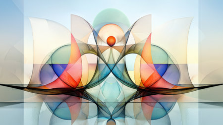 This captivating abstract artwork features colorful geometric shapes with reflections. The vibrant colors and harmonious design create a striking visual impact, perfect for modern art lovers.の素材