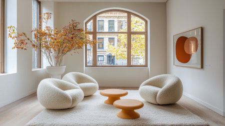 A cozy and modern living room showcasing stylish furniture and warm decor. This inviting space features soft seating, elegant textures, and large windows that flood the room with natural light, creating a peaceful atmosphere perfect for relaxation.の素材