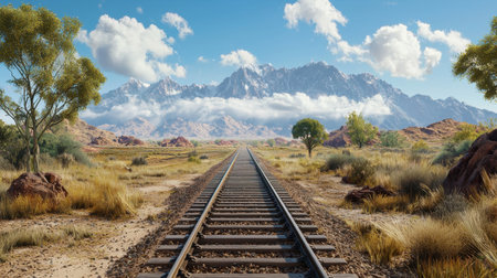A stunning panoramic view of train tracks stretching into the wilderness, flanked by majestic mountains under a bright blue sky, showcasing the beauty of unspoiled nature.の素材