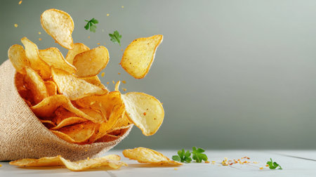 A vibrant image of crispy potato chips elegantly spilling from a burlap bag, accented by fresh herbs, perfect for evoking a sense of indulgence and flavor.の素材