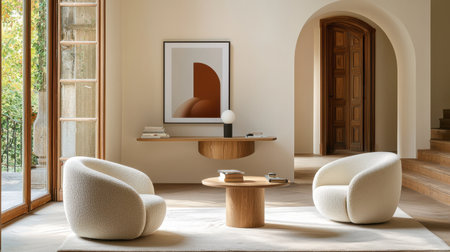 Inviting modern minimalist living room featuring soft seating and a stylish table. Natural light floods the space, enhancing its warm and tranquil atmosphere.の素材