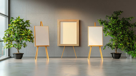 A serene modern art studio featuring three blank canvases on wooden easels, surrounded by lush green plants creating a fresh and inspiring atmosphere.の素材
