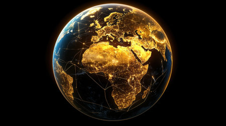 A stunning image of Earth captured at night, showcasing illuminated continents connected by glowing networks, symbolizing global connectivity and technology.の素材