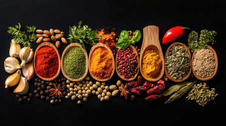 A vibrant collection of various spices and herbs arranged in wooden spoons against a black background, perfect for culinary themes and food styling in photography.の素材