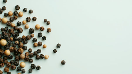 A close-up view of assorted black and white pepper berries scattered over a light blue backdrop, highlighting natural textures and colors ideal for culinary uses.の素材