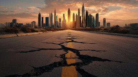 A stunning view of a cracked road leading towards a modern city skyline at sunset. The image captures the contrast between urban development and the striking beauty of nature.の素材