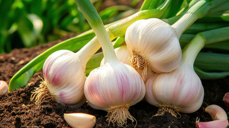 Fresh garlic bulbs with green stems resting on rich soil, showcasing their natural beauty and vibrant colors. Perfect for culinary and gardening themes.の素材
