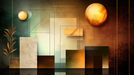 This abstract artwork features a geometric composition blending planets and textures, creating a visually captivating atmosphere infused with harmony and balance.の素材