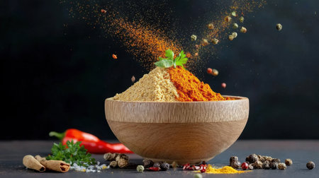 Explore the beauty of spices arranged in a wooden bowl, showcasing bright turmeric and vibrant herbs. Perfect for culinary inspiration and cooking aesthetics.の素材