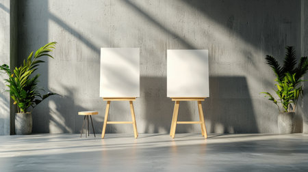 A bright and inviting modern art studio featuring two blank canvases on easels, surrounded by green plants and a minimalist aesthetic that sparks creativity.の素材