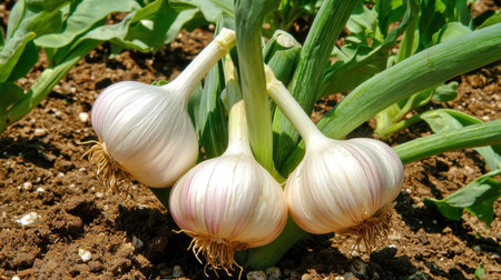Close-up view of fresh garlic bulbs growing in a rich, dark soil. This image highlights the natural beauty of organic farming and fresh produce, perfect for culinary and gardening themes.の素材