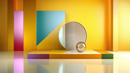 This vibrant composition features geometric shapes in a modern setting, showcasing bright colors and reflective surfaces for a stylish design element.の素材