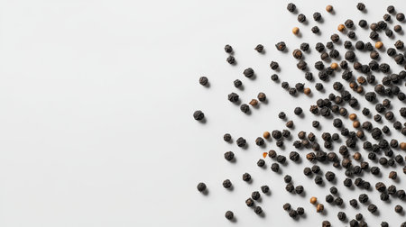 Collection of black and white peppercorns scattered on a plain surface, highlighting their distinct textures and colors for culinary and artistic use.の素材
