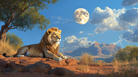 A majestic lion rests under a luminous moon, surrounded by a tranquil landscape. The vibrant sky and serene mountains create a peaceful atmosphere, showcasing the beauty of nature.の素材