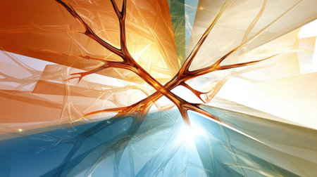 Vibrant abstract fractal design featuring dynamic branch patterns and a harmonious blend of colors, creating an energetic visual experience ideal for modern art applications.の素材