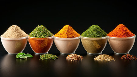 A vibrant display of various ground spices and herbs in clear bowls, showcasing colors and textures that enhance any culinary creation. Ideal for food photography.の素材