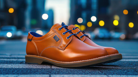 A pair of stylish brown leather shoes positioned on an urban street, capturing the essence of fashion under city lights. Ideal for promotional use.の素材