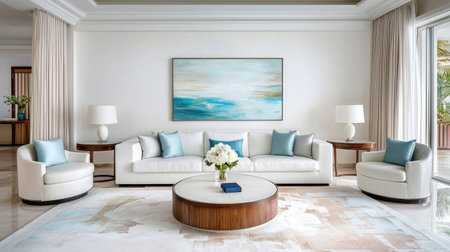 Discover a stunning modern living room featuring a white sofa and blue accents, accented by beautiful artwork and elegant decor elements for a welcoming atmosphere.の素材