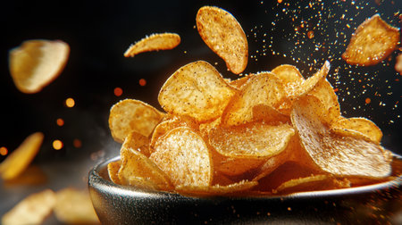A visually striking image of crispy potato chips in a black bowl, surrounded by flavorful sprinkles against a dramatic background. Perfect for snack-related themes.の素材