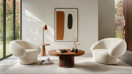 A modern living room featuring cozy textures and warm tones, showcasing stylish furniture and contemporary art. Natural light fills the space, creating an inviting atmosphere.の素材