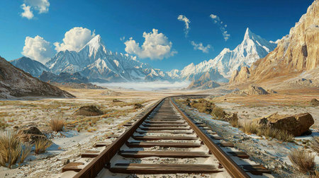 Tranquil mountain landscape featuring railway tracks in a stunning desert setting. The scene captures a sense of adventure and natural beauty under a clear blue sky.の素材
