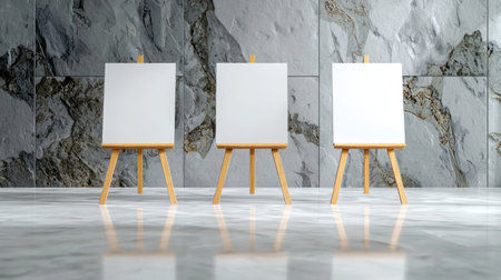A serene setting featuring three blank canvases on wooden easels, displayed in a modern art gallery. The elegant marble floor complements the minimalist design.の素材
