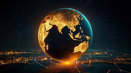 Captivating 3D visualization of Earth showcasing glowing cities at night. This artistic representation combines beauty and technology, ideal for various projects.の素材