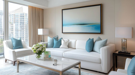 This image showcases a modern living room featuring a white sofa and blue accents, complemented by natural light from large windows. A chic decor creates an inviting atmosphere for relaxation.の素材