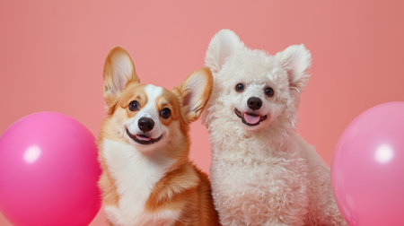 Two adorable dogs, one corgi and one fluffy dog, pose together against a pink backdrop with colorful balloons, radiating joy and friendship.の素材