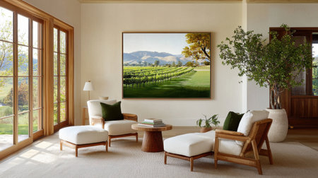 This image showcases a modern living room with elegant furniture, featuring a stunning vineyard view. The space is flooded with natural light, creating a serene atmosphere.の素材