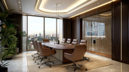 A modern conference room showcasing an elegant interior design with a stunning city view. Ideal for corporate meetings and professional gatherings, the space features stylish furniture and ample natural light.の素材