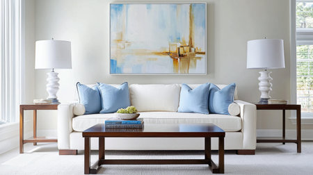This elegant living room features a white sofa adorned with light blue pillows, complemented by stylish lamps and a contemporary artwork, creating a cozy and inviting ambiance.の素材