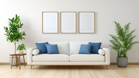 A beautifully designed minimalist living room featuring a white sofa adorned with blue cushions, surrounded by lush greenery and light wood flooring, creating a serene and inviting space.の素材