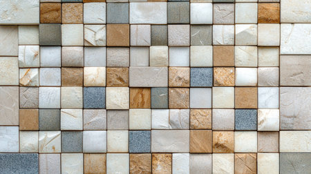 A vibrant arrangement of textured stone tiles in various shades. Ideal for inspiring interior design, this image captures the beauty of natural materials and modern aesthetics.の素材
