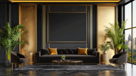 This elegant modern living room features dark colors contrasted with vibrant green plants. The stylish sofa, golden accents, and urban view create a luxurious ambiance.の素材