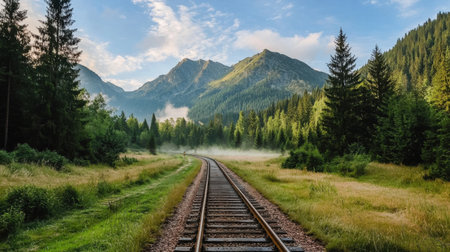 A tranquil scene of railway tracks winding through lush greenery and majestic mountains, capturing the essence of nature's beauty and serenity. Perfect for travel themes.の素材