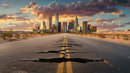 A cracked road stretches towards a city skyline set against a breathtaking sunset. The dramatic clouds and desert backdrop create a stunning visual contrast.の素材