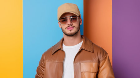 A stylish young man poses confidently in a vibrant, colorful setting. He wears a trendy leather jacket, sunglasses, and a hat, embodying modern urban fashion.の素材