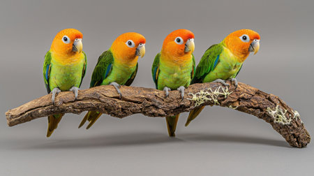 Four vibrant parrots display their stunning colors while perched on a branch against a neutral background, showcasing their unique beauty and charm.の素材