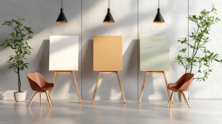A minimalist art studio featuring blank canvases on easels, stylish chairs, and greenery. The serene atmosphere invites creativity and artistic inspiration.の素材