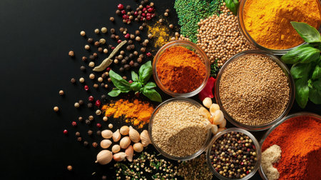 A captivating arrangement of assorted spices and herbs in transparent bowls, showcasing vibrant colors and textures. Perfect for culinary themes and food photography.の素材