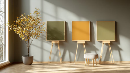 Bright and airy minimalist room featuring three colorful frames on easels, a chic stool, and a potted plant, creating a harmonious and inviting ambiance.の素材