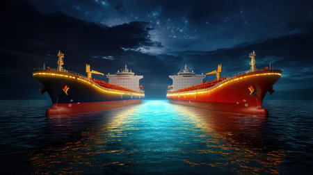 Two large tankers glow brightly against the night sky, creating a striking reflection on the calm ocean water. This captures the essence of maritime industry and movement.の素材