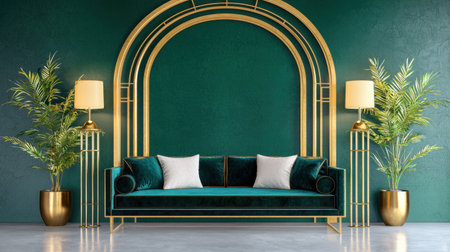 Stunning green sofa paired with gold accents and vibrant plants creates a luxurious and inviting atmosphere in a modern living room setting.の素材
